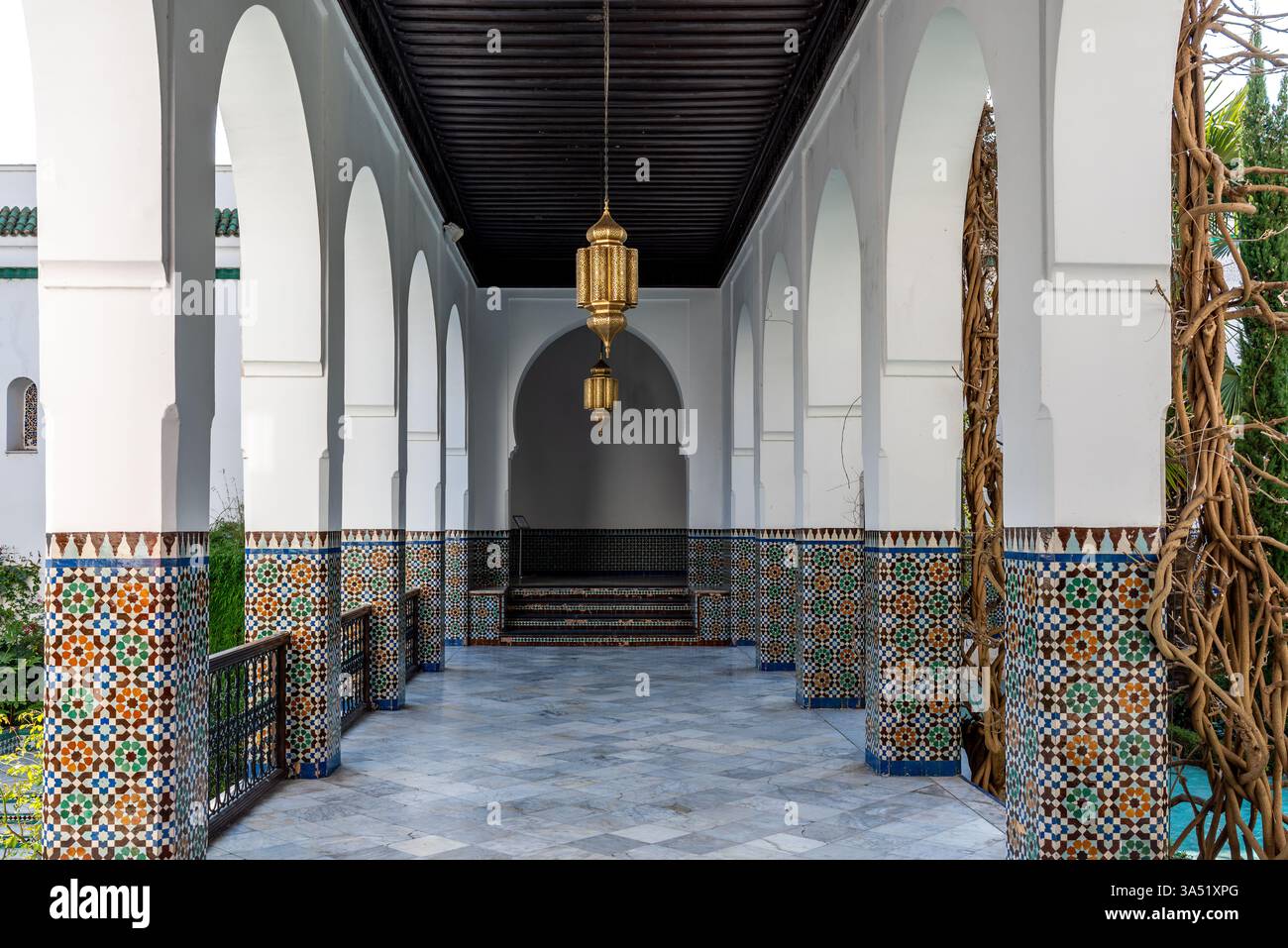 Bellissime piastrelle a mosaico nel giardino della Moschea di Parigi nel 5° arrondissement di Parigi. Grande mosquée de Paris. Foto Stock