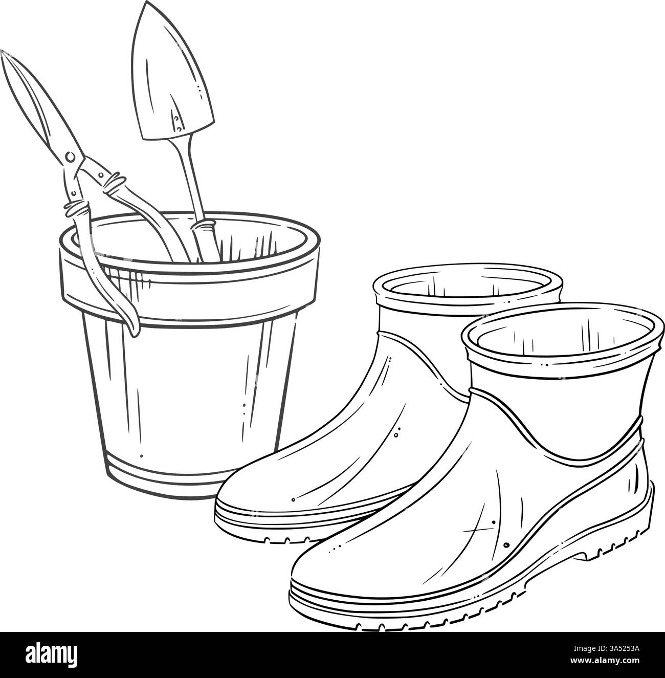 Stivali da giardinaggio in gomma accanto a una pentola di ceramica riempita con gli attrezzi essenziali da giardino. Schizzo disegnato a mano vettoriale. Ideale per la grafica relativa a fattorie e giardinaggio Illustrazione Vettoriale