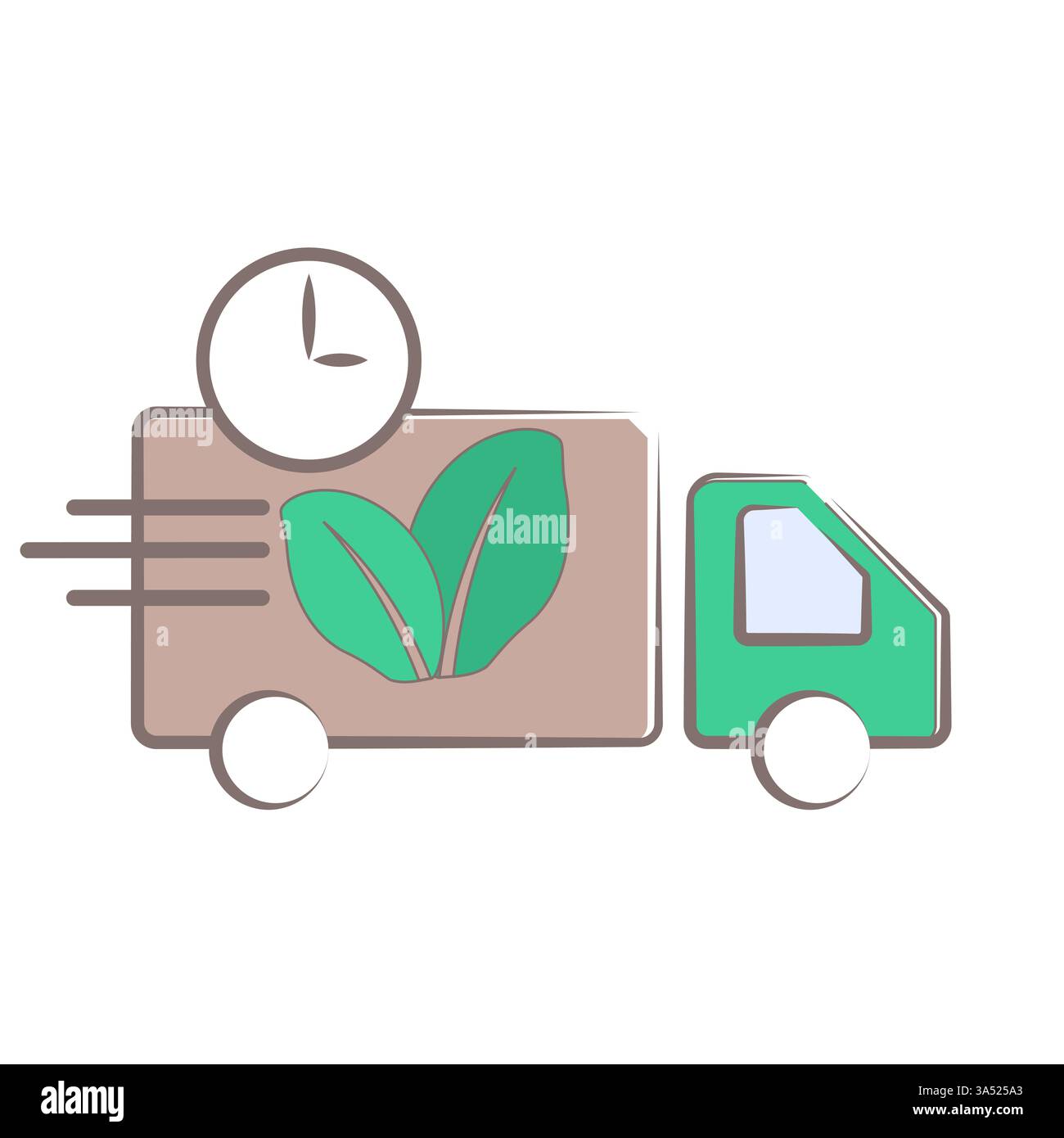 Logo ecologico del veicolo per la consegna con foglie verdi e simbolo dell'orologio Illustrazione Vettoriale