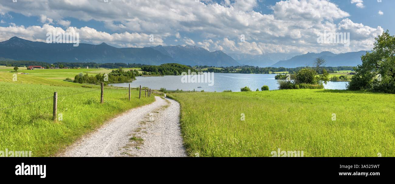 Il sentiero conduce attraverso la campagna vicino Aidling, vista del lago Riegsee, Zugspitze sullo sfondo, Aidling, Pfaffenwinkel, alta Baviera, Baviera Foto Stock