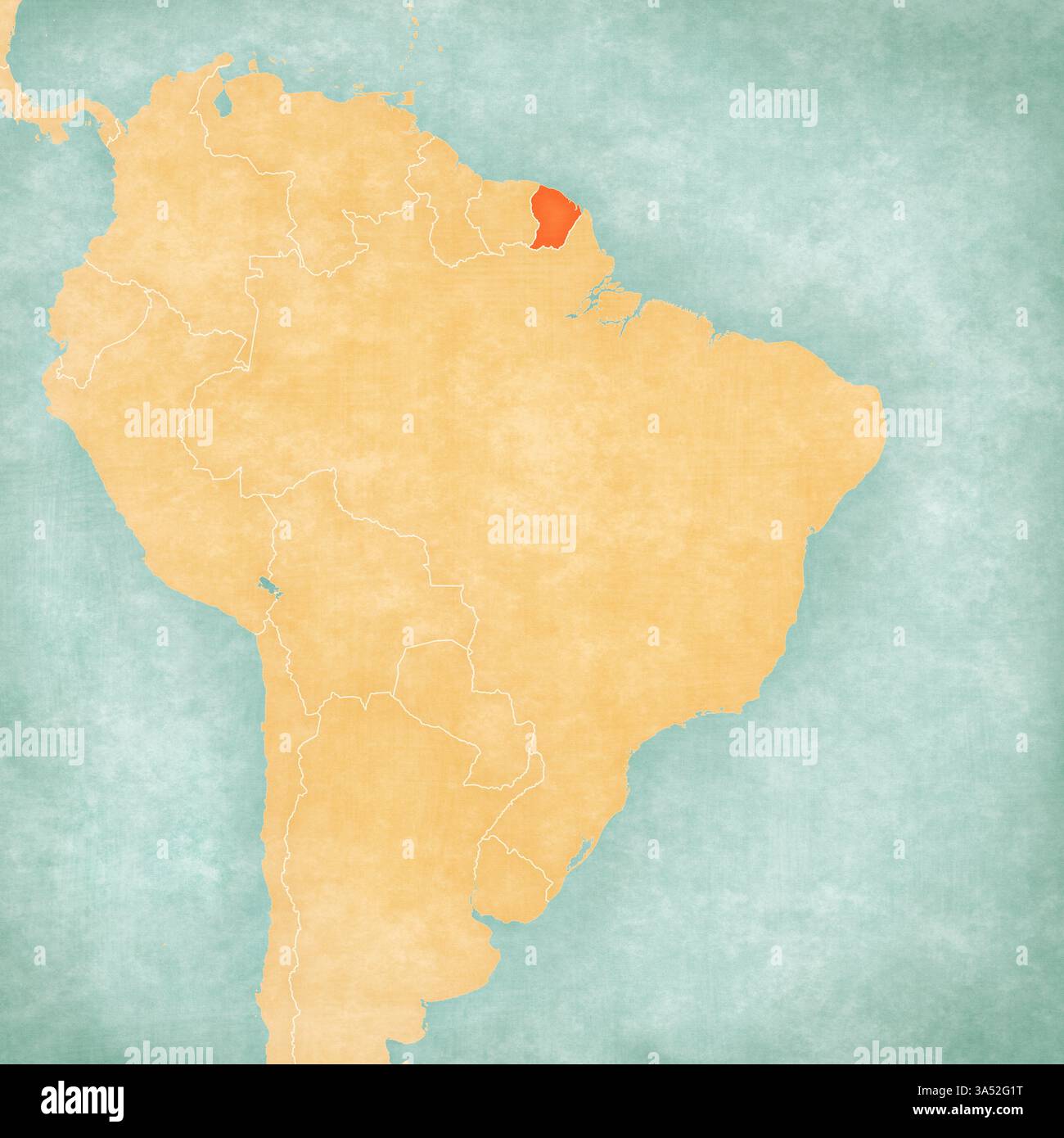 Guyana francese sulla mappa del Brasile in morbido grunge e stile vintage, come la carta vecchia con pittura ad acquerello. Foto Stock