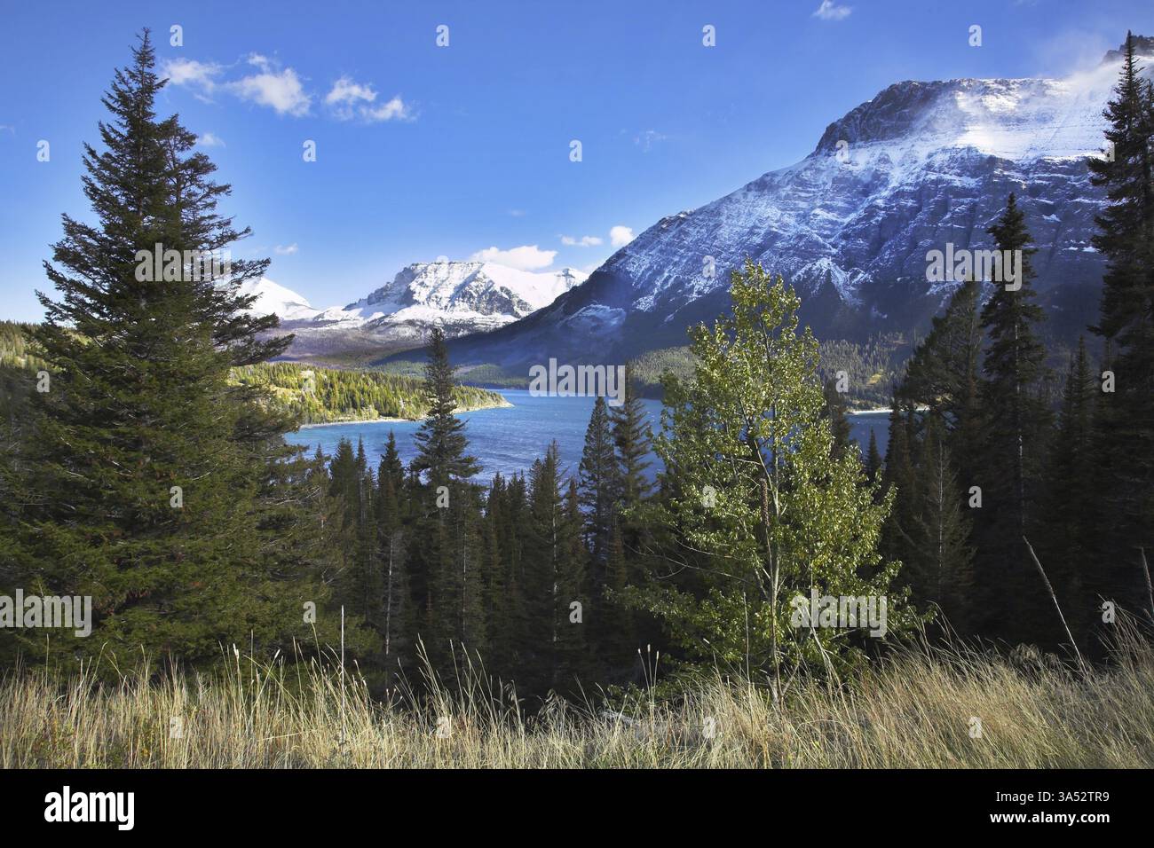 Lago turchese in un ambiente di pellicce del nord e montagne fredde nella neve Foto Stock