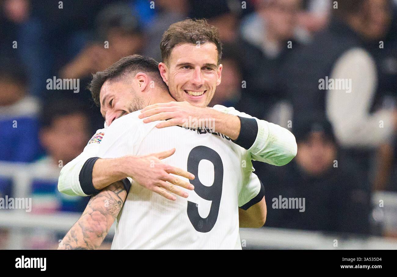 Mailand, Italia. 20 marzo 2025. Leon GORETZKA, DFB 8 segna, tira goal, Tor, Treffer, Torschuss, 1-2, celebra il suo obiettivo, felice, ridi, celebrazione, con Tim Kleindienst, DFB 9 nella partita di UEFA Nations League 2025 ITALIA - GERMANIA nella stagione 2024/2025 al 20 marzo 2025 a Mailand, Italia. Fotografo: ddp Images/STAR-Images credito: ddp media GmbH/Alamy Live News Foto Stock