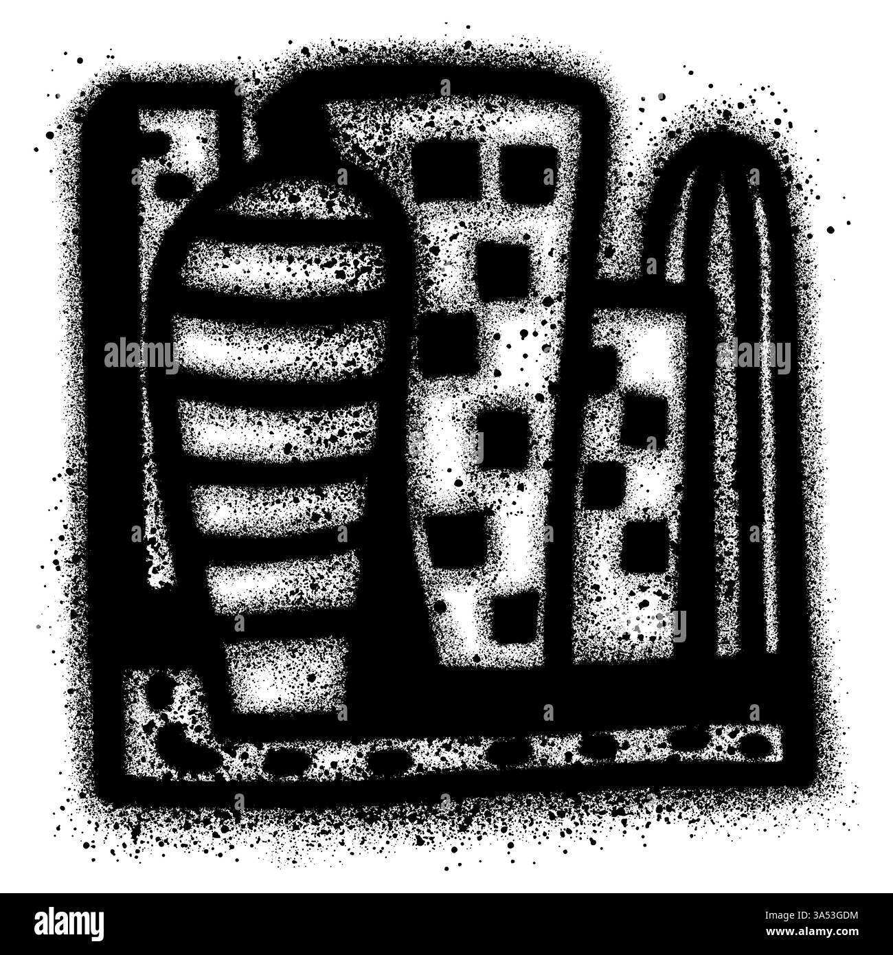 Edificio Graffiti verniciato a spruzzo isolato con sfondo bianco. Illustrazione Vettoriale