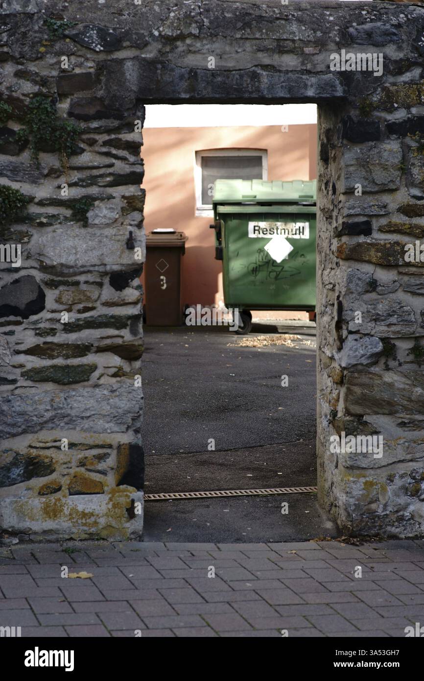 I bidoni della spazzatura sono disposti in fila in un cortile dietro un muro di pietra Foto Stock