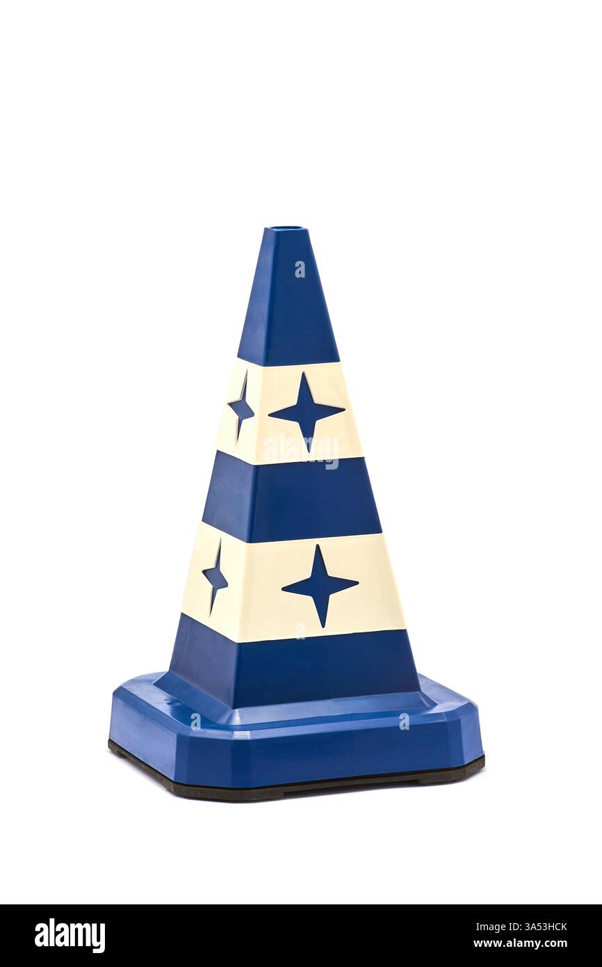 Elegante cono stradale con combinazione di colori blu e crema con stelle - Un'esclusiva segnaletica di avvertenza di sicurezza per le impostazioni urbane e gli eventi Foto Stock