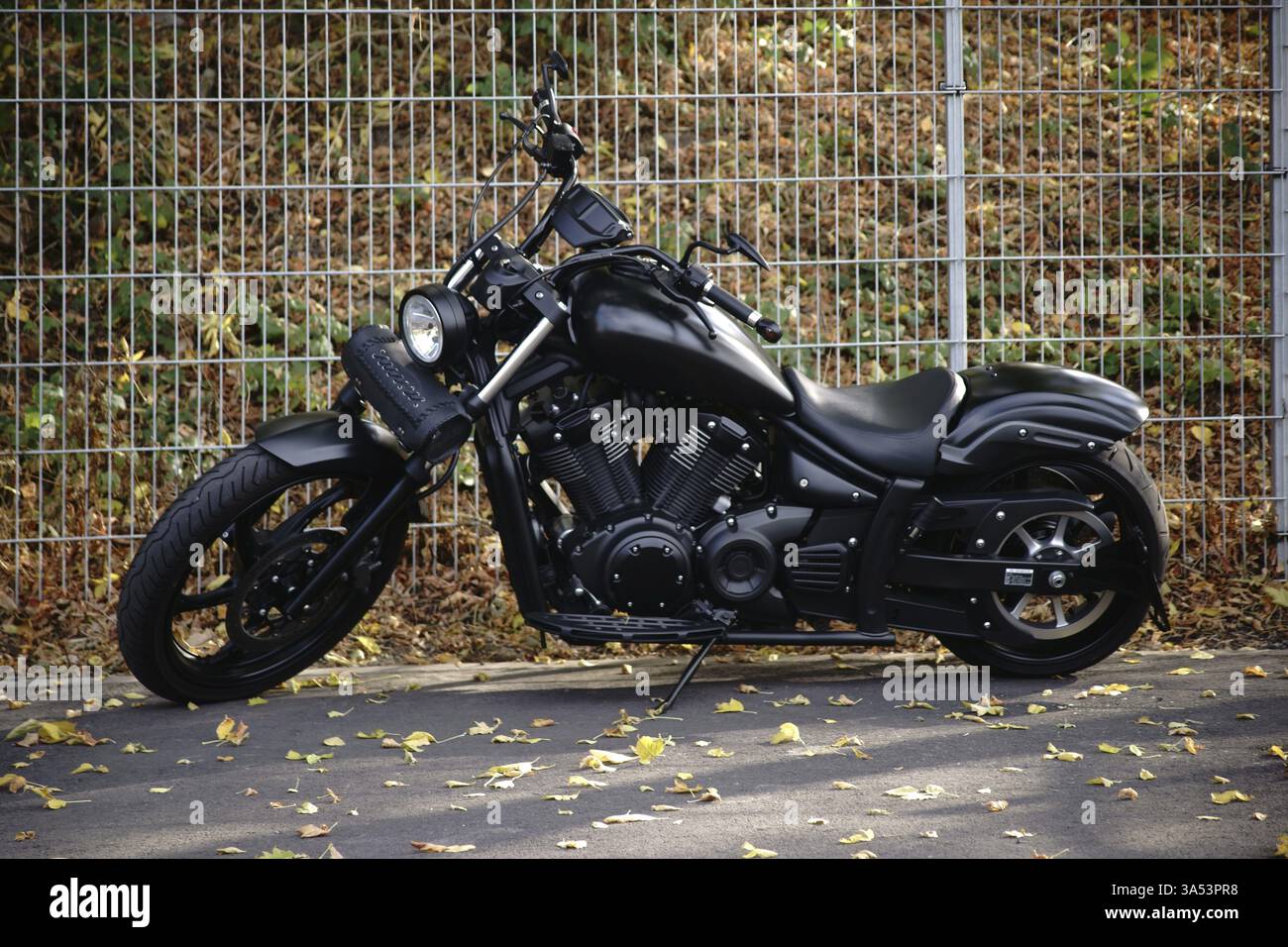 Dreieich, Germania - 06 ottobre 2018: Una motocicletta Harley Davidson dipinta opaca nera in un parcheggio il 6 ottobre 2017 a Dreieich Foto Stock