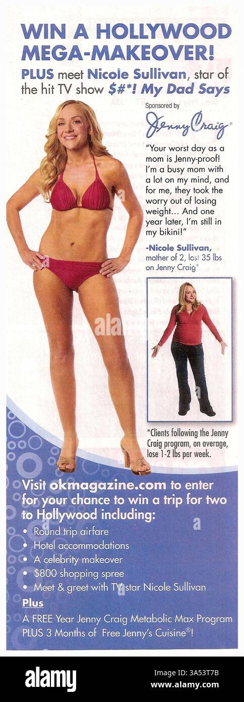 2010 ad Jenny Craig programma metabolico con l'attrice Nicole Sullivan della serie TV '$#! Mio padre dice. L'annuncio promuove un concorso "Hollywood Mega-Makeover", che offre un viaggio per due a Hollywood. Include foto prima e dopo di Sullivan, che mostrano il suo viaggio di perdita di peso con Jenny Craig Foto Stock