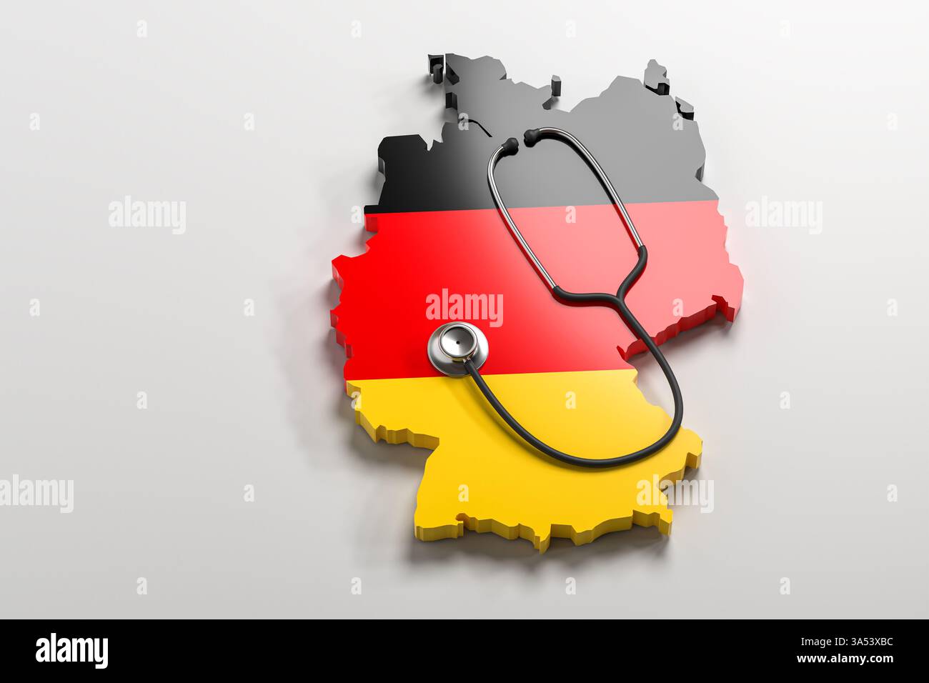 Concetto di assistenza sanitaria in Germania: Uno stetoscopio su una mappa 3d della Germania sovrapposto alla bandiera tedesca. Foto Stock