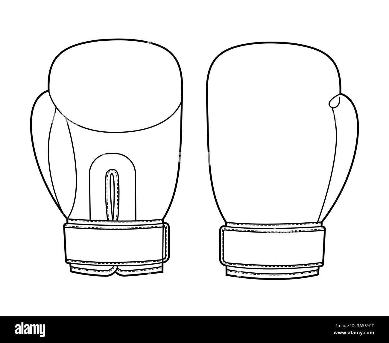 Guanti da boxe Fashion Hand Sport accessori abbigliamento tecnico indumento illustrativo. Vista posteriore del palmo frontale vettoriale per uomo, donna, modello piatto in stile unisex contorno schizzo di mockup CAD su sfondo bianco Illustrazione Vettoriale
