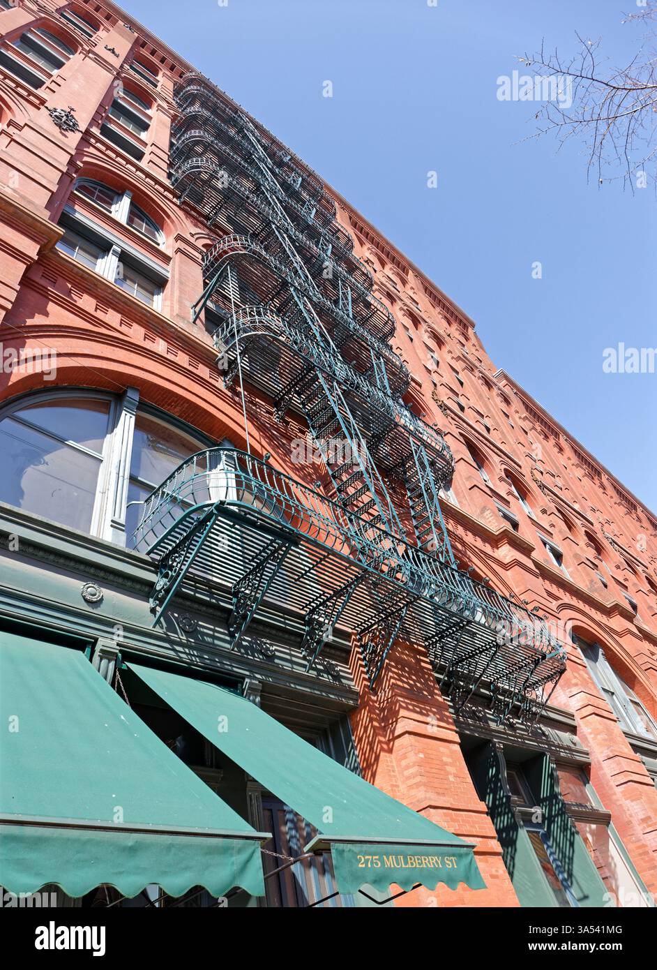 Guardando verso l'alto il fuoco verde sfugge sulla facciata di Mulberry Street del Puck Building. Foto Stock