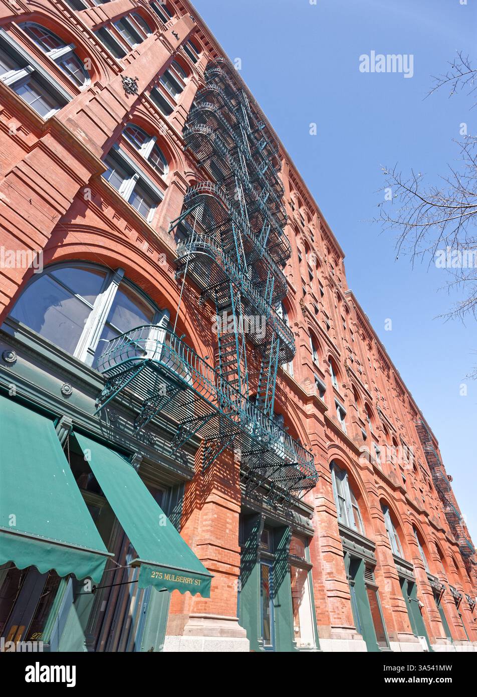 Guardando verso l'alto il fuoco verde sfugge sulla facciata di Mulberry Street del Puck Building. Foto Stock
