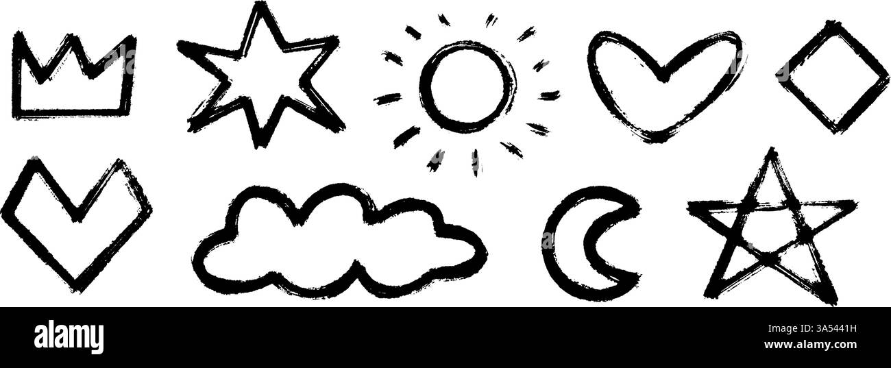 Set di forme disegnate a mano a carbone nero. Pennello per pittura con elementi disegnati. Segni e simboli per bambini a matita spalancati. Nube di pastelli, stella, cuore, corona, sole, mezzaluna. Vettore Illustrazione Vettoriale
