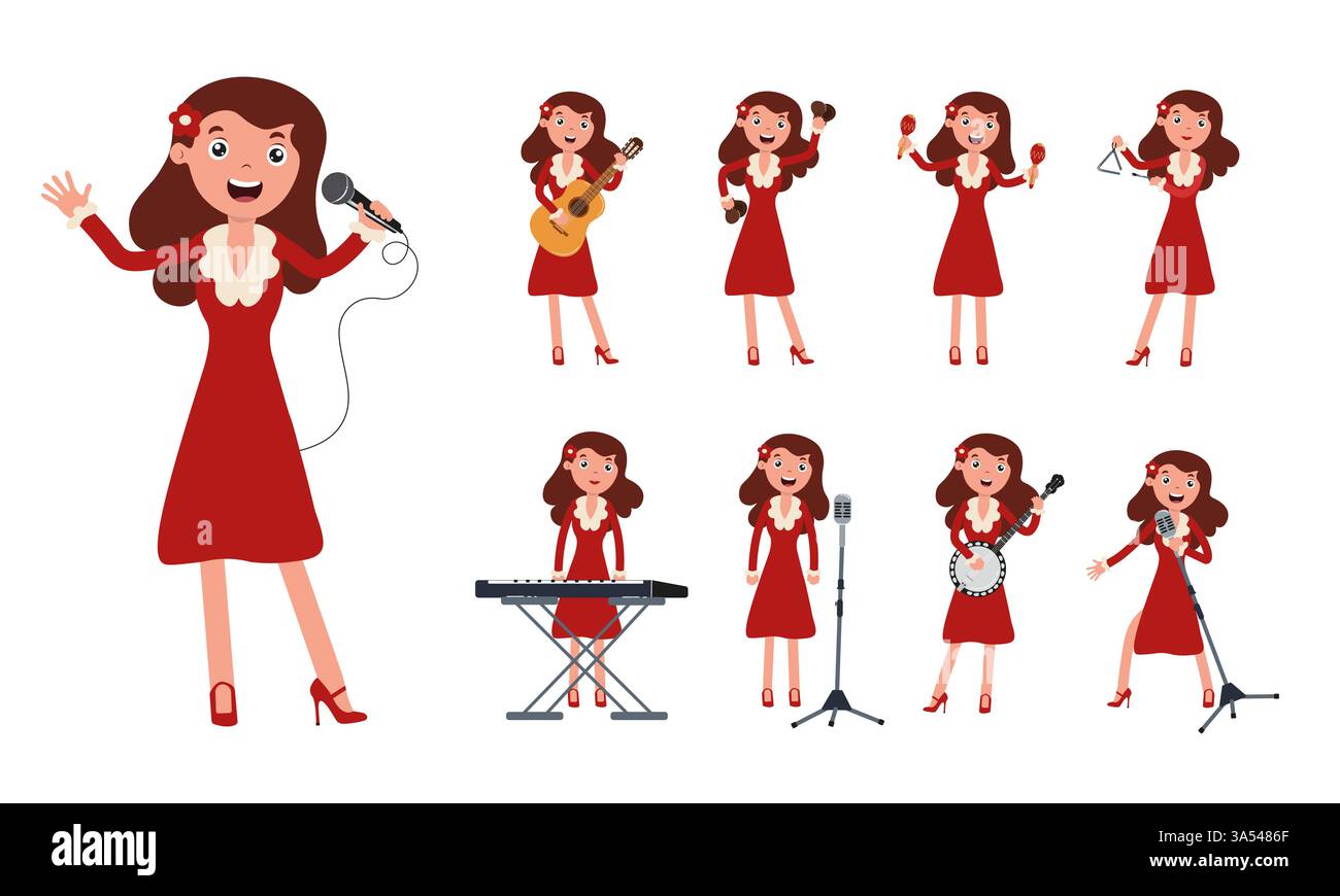 Musicista donna che esegue più strumenti in una vivace illustrazione a fumetti Illustrazione Vettoriale