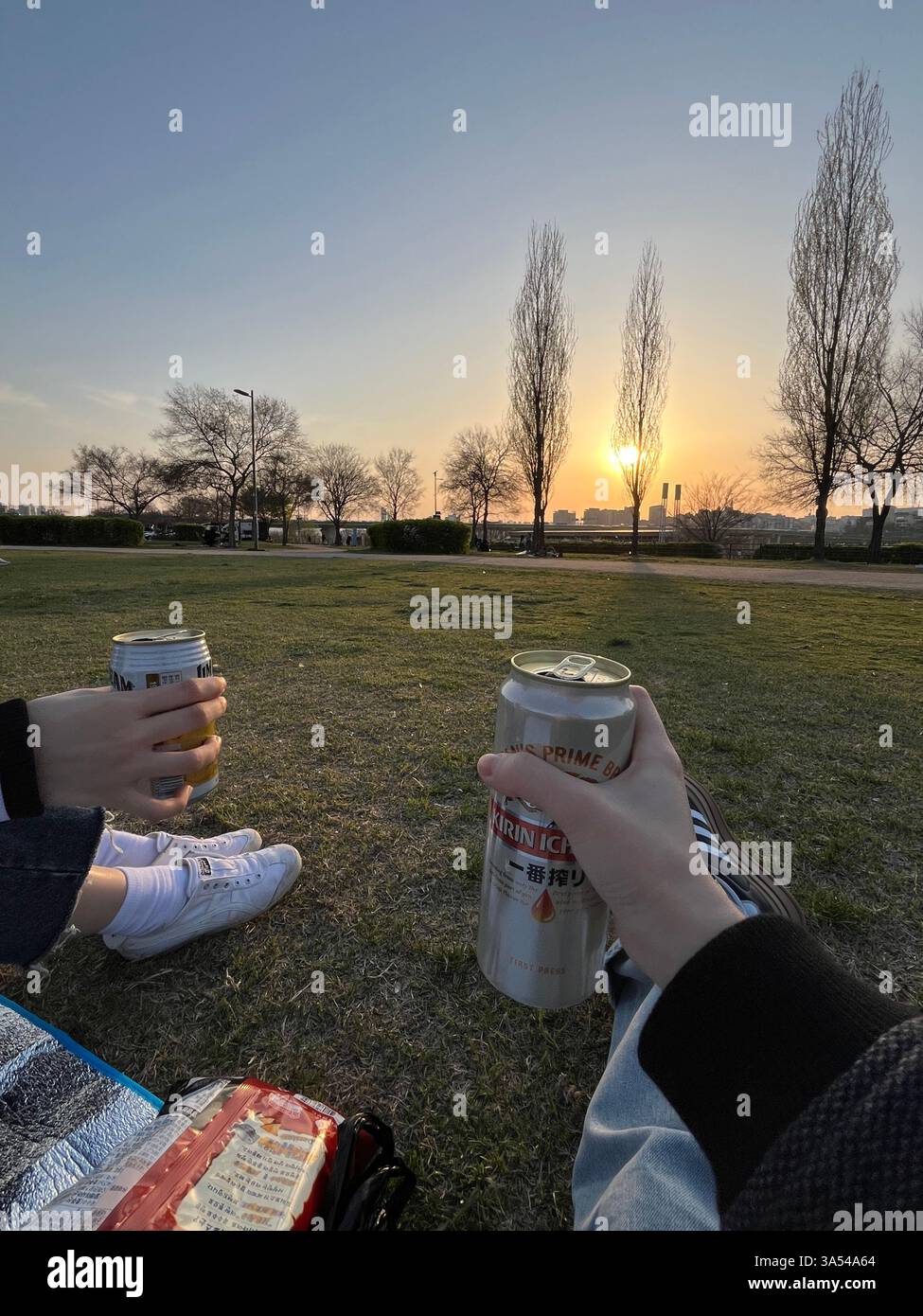 Due persone si godono una birra in scatola durante un rilassante picnic al tramonto in un parco, con luce calda e alberi primaverili sullo sfondo. - Immagine stock catturata con smartphone
