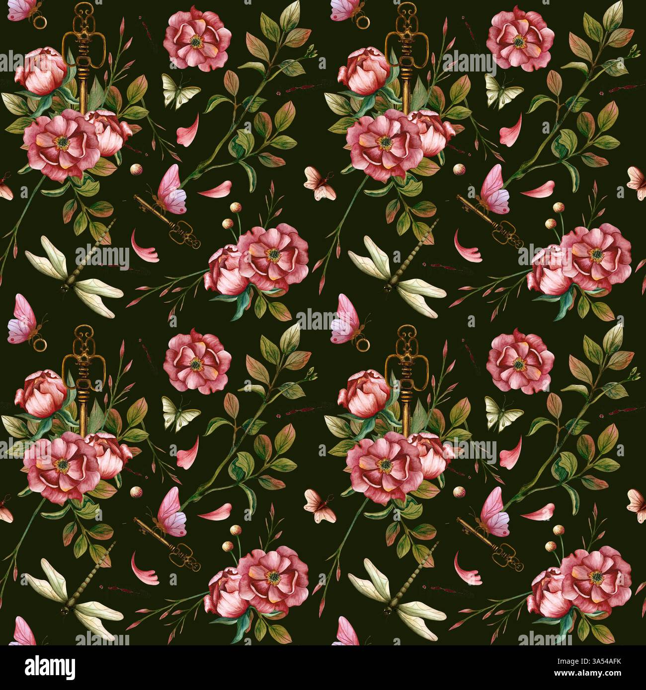 Motivo senza cuciture con gemme di peonie, chiavi vintage, foglie e insetti. Illustrazione ad acquerello floreale su sfondo scuro. Ornamento per carta da imballaggio Foto Stock