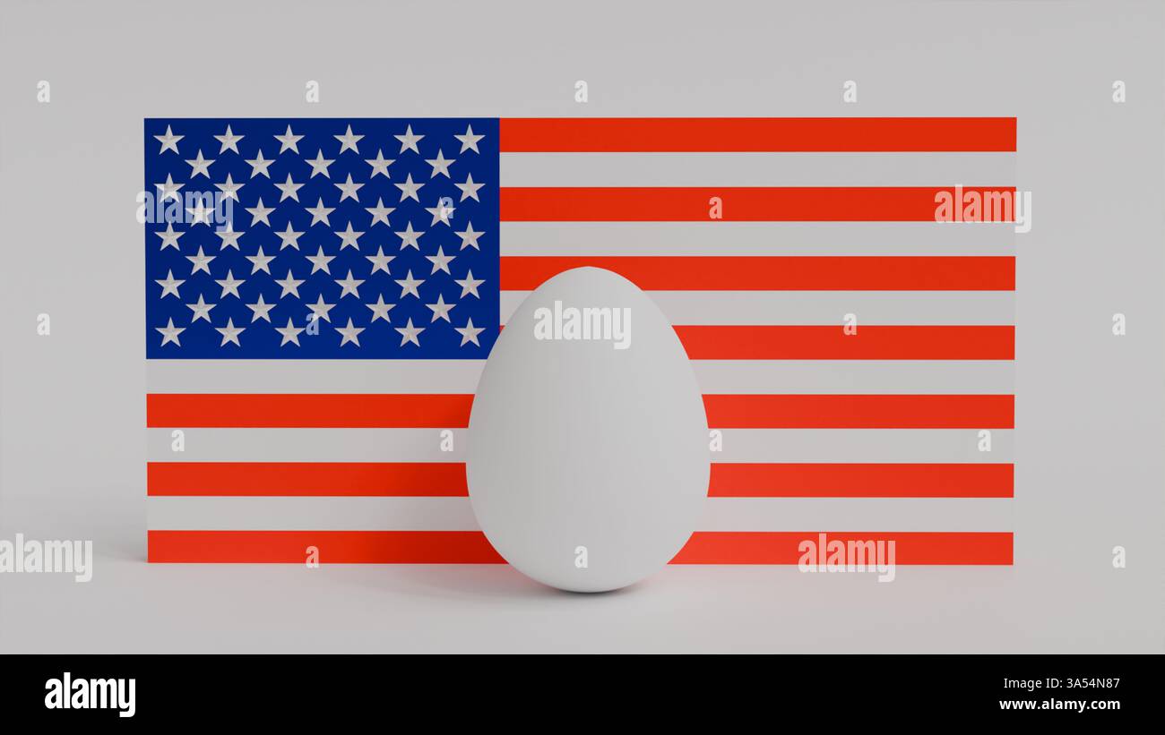 Modello 3D di uovo bianco sullo sfondo della bandiera Ucraina su sfondo bianco, carenza di uova in America Foto Stock