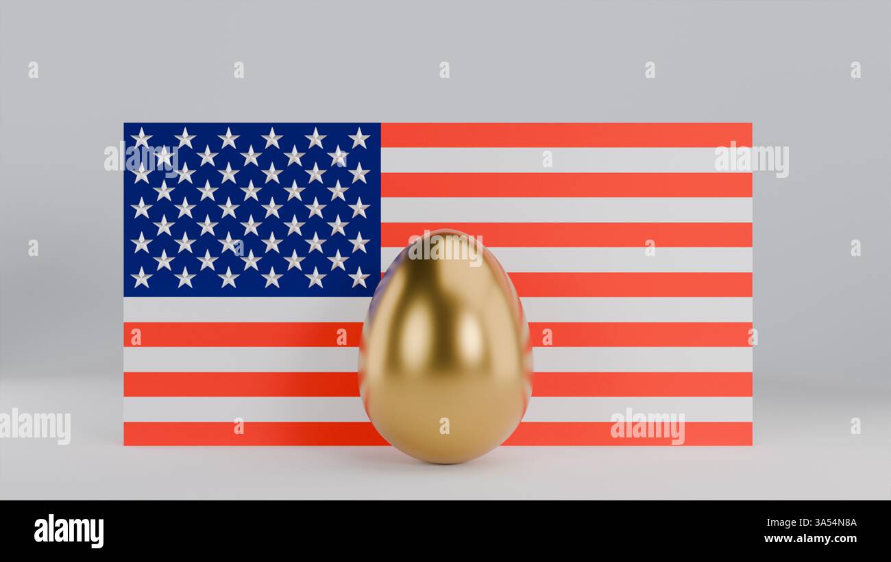 Modello 3D di un uovo d'oro sullo sfondo della bandiera Ucraina su sfondo bianco, carenza di uova in America Foto Stock