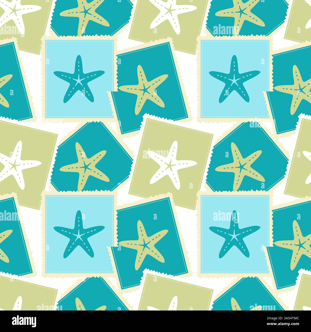 Francobolli con stelle marine, motivo vintage senza cuciture su viaggi e vacanze. Vivace atmosfera marina. Illustrazione vettoriale Illustrazione Vettoriale