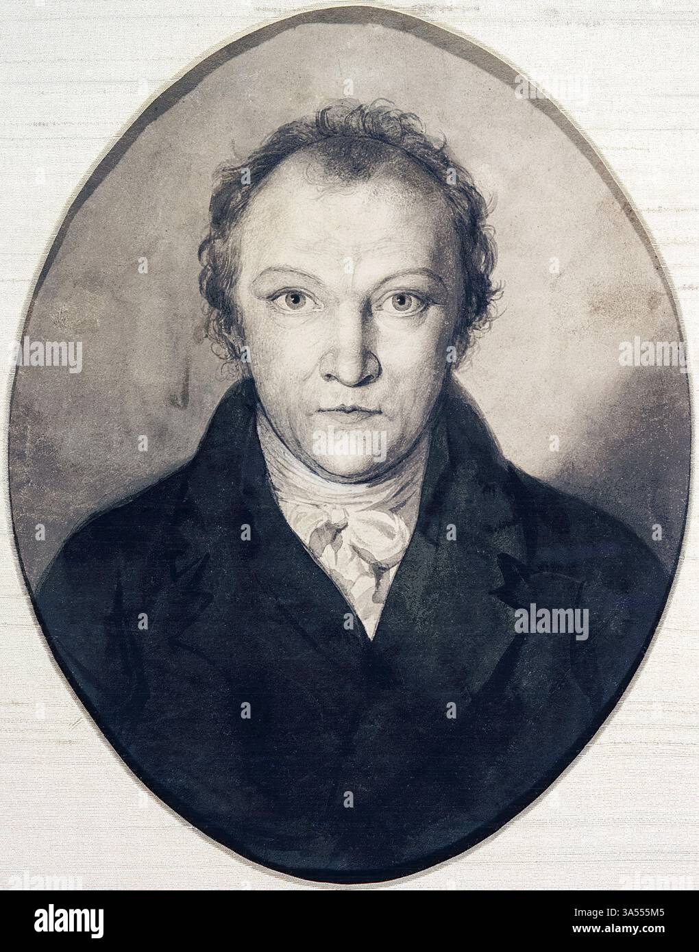 William Blake (1757-1827), disegno autoritratto del poeta, pittore e incisore inglese, disegno a matita con lavaggi monocromatici, 1802 Foto Stock