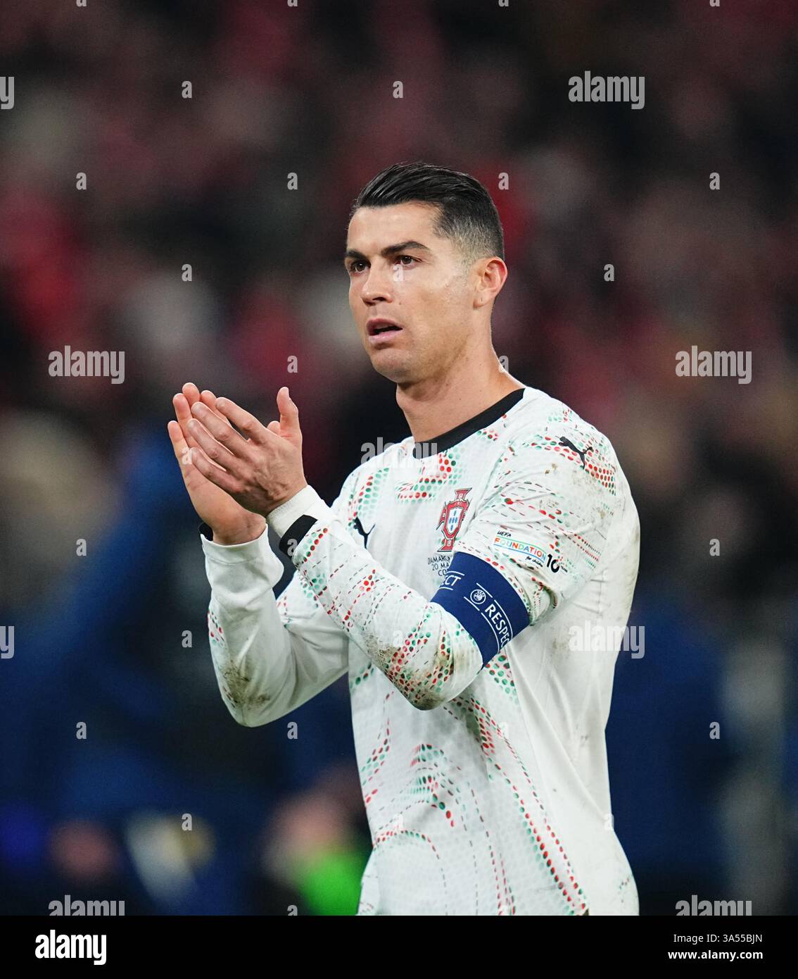 Parken, Copenaghen, Danimarca. 20 marzo 2025. Cristiano Ronaldo del Portogallo gesti durante una partita della UEFA Nations League, Danimarca contro Portogallo, a Parken, Copenaghen, Danimarca. Ulrik Pedersen/CSM (immagine di credito: © Ulrik Pedersen/Cal Sport Media). Crediti: csm/Alamy Live News Foto Stock