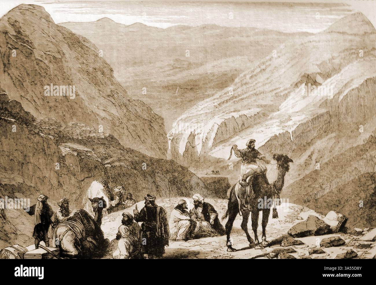 Un'incisione del XIX secolo che illustra le tribù nel passo Koojah (Khojak), India (ora Pakistan) , in viaggio verso l'Afghanistan --- 19वीं सदी की एक नक्काशी जिसमें भारत (अब पाकिस्तान) के कूजा (खोजक) दर्रे से अफगानिस्तान जाते हुए आदिवासियों को दर्शाया गया है () Foto Stock