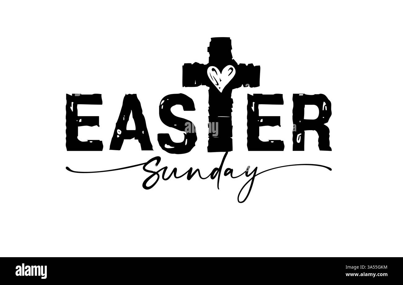 Tipografia creativa e audace della domenica di Pasqua con croce grunge. Design in bianco e nero. Concetto grafico della maglietta. Modello di invito al servizio della Chiesa. Illustrazione Vettoriale