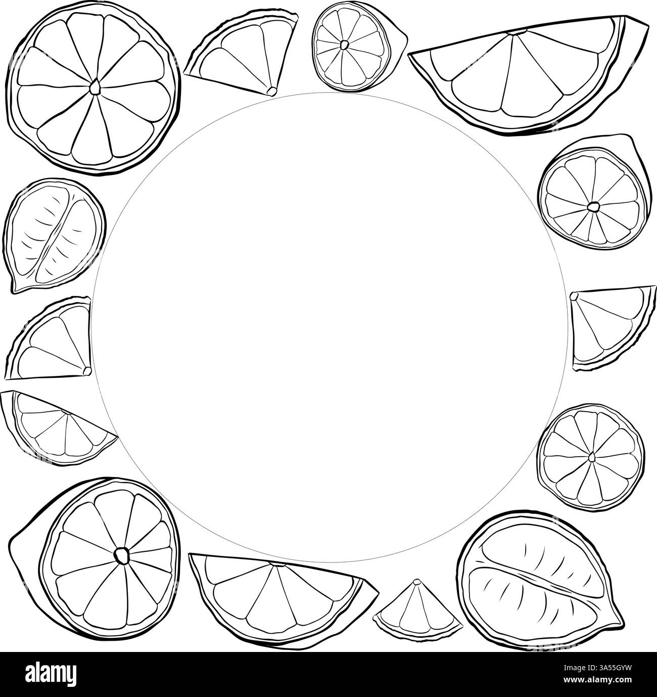 Cornice quadrata della fetta di limone. Modello grafico Vector bianco e nero con linee di inchiostro e limone Fruit. Nuovo design a icone, simbolo concentrato di succo per striscioni, stampa Illustrazione Vettoriale