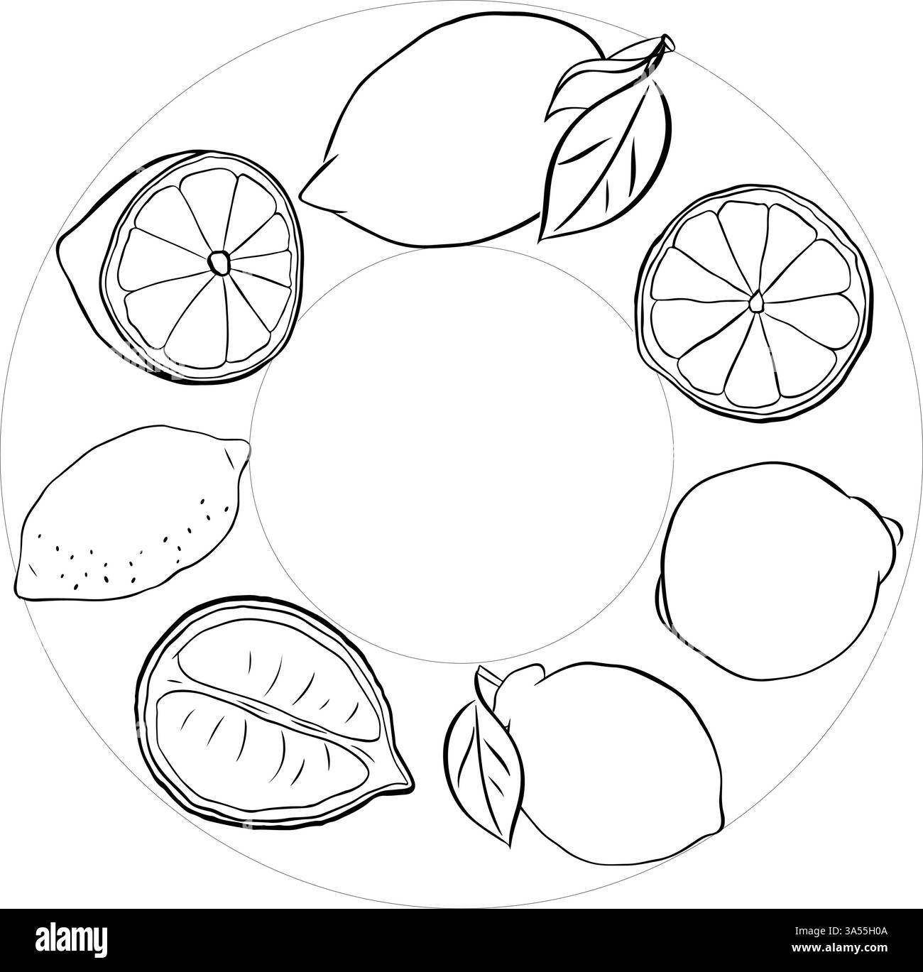 Limone intero e fette con foglie cornice circolare con testo vuoto. Striscione, poster, adesivo, stampa, design moderno in tessuto. Grafica vettoriale Illustrazione Vettoriale