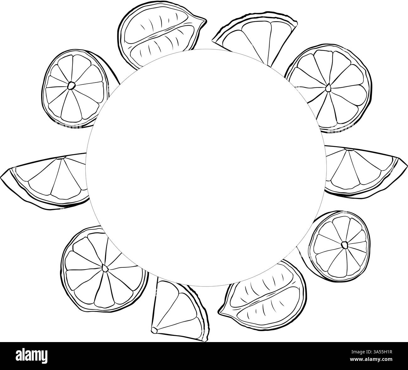 Fetta di limone circolare cornice rotonda frutto disegnato a mano. Illustrazione in bianco e nero con inchiostro a linee grafiche vettoriali. Illustrazione del design, della confezione e della brochure. Illustrazione Vettoriale