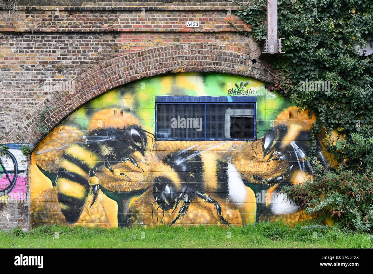 Arco di viadotto ferroviario con murale di api che fanno parte di una serie di specie in via di estinzione a Mile End, Londra Foto Stock