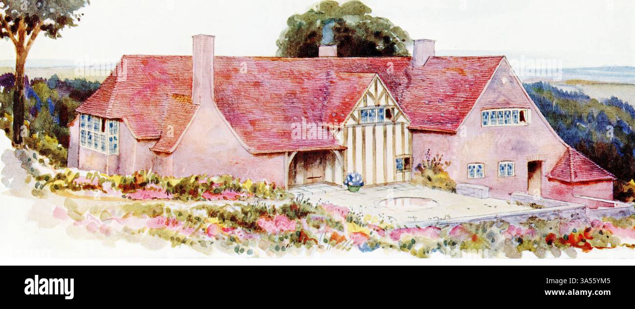 Questo schizzo per una casa a Chailey nel Sussex in Inghilterra è stato fatto dall'architetto britannico M H Baillie Scott. (morto nel 1945). Mackay Hugh Baillie Scott era un architetto e artista britannico. Nel corso della sua lunga carriera, ha progettato in una varietà di stili, tra cui uno stile derivato dal Tudor, uno stile Arts and Crafts che ricorda Voysey e in seguito il neo-georgiano. Foto Stock