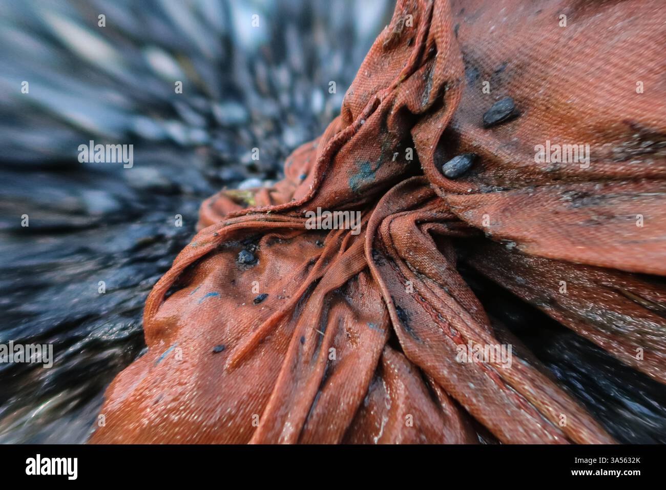 Carta da parati astratta con effetto zoom, tessuto arancione bagnato su terreno sassoso Foto Stock