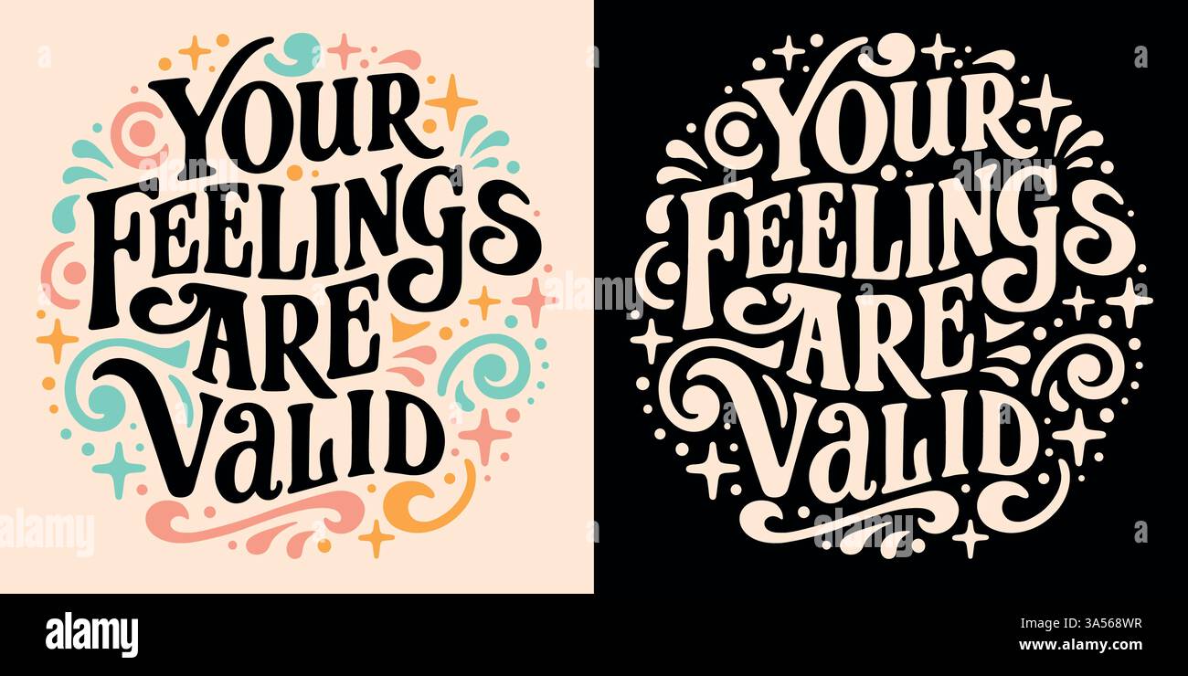 I tuoi sentimenti sono lettering valido validazione emozionale citazioni badge groove retro vintage estetico supporto salute mentale auto amore stampa poster camicia. Illustrazione Vettoriale
