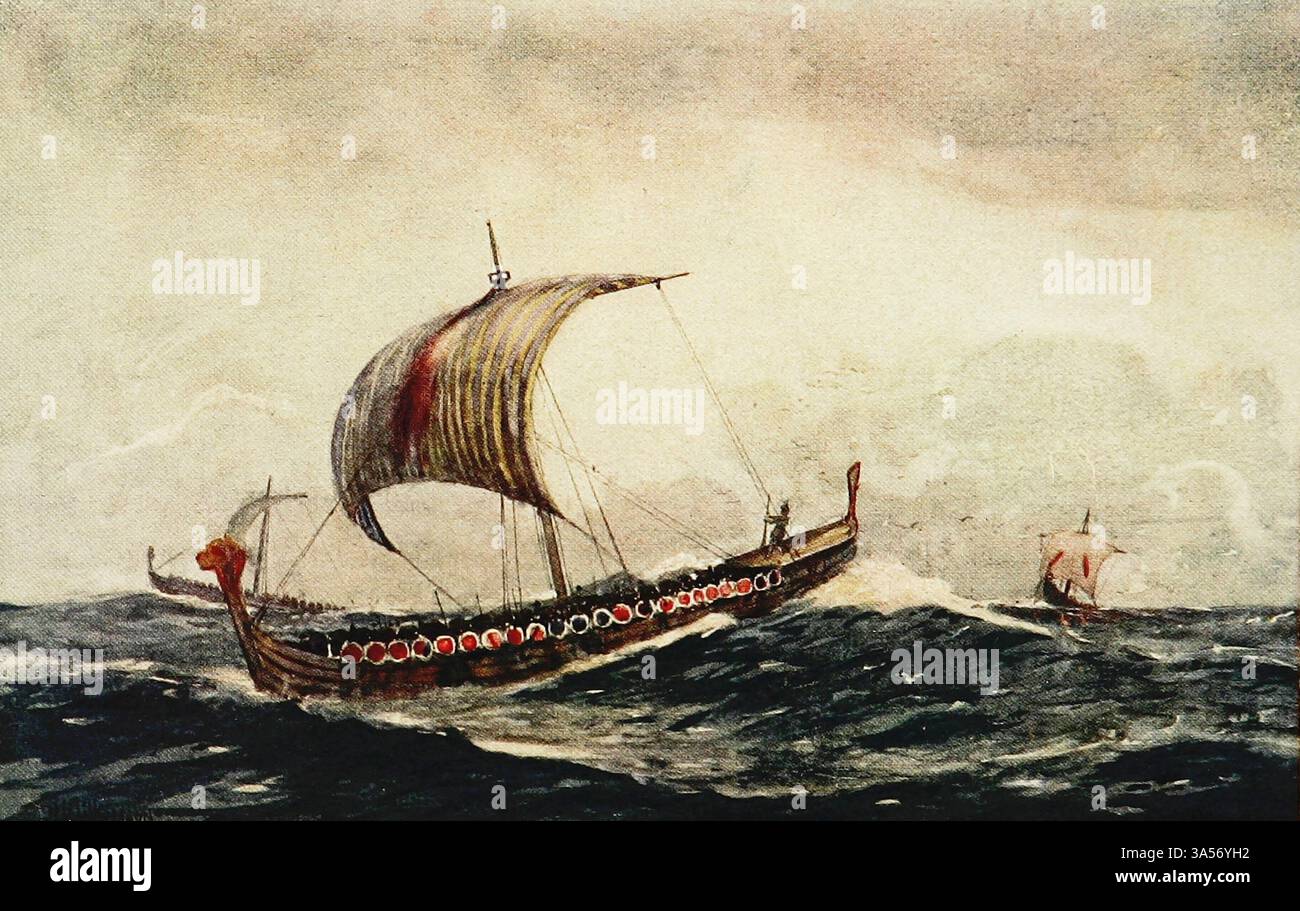 Ship of the Time of Alfred the Great la Royal Navy pubblicò nel 1907 dipinto da Norman L. Wilkinson Norman Wilkinson CBE RI era un artista britannico che lavorava solitamente in oli, acquerelli e punto di arido. Era principalmente un pittore marino, ma anche un illustratore, artista di poster e camoufleur in tempo di guerra. Wilkinson inventò la pittura abbagliante per proteggere le navi mercantili durante la prima guerra mondiale. Foto Stock