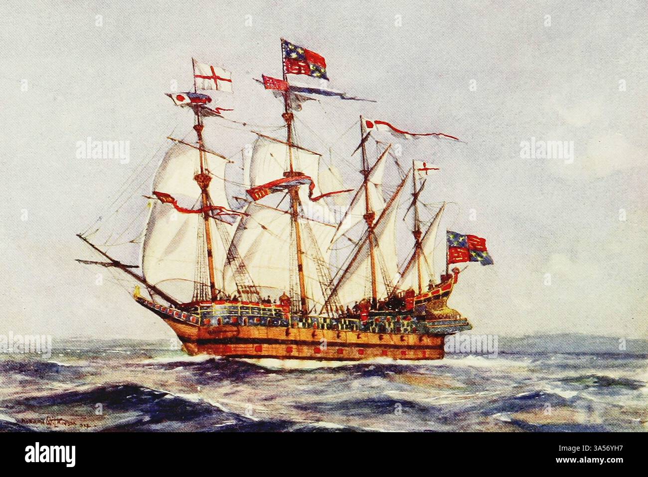 L'Henry Grace de Dieu. 1515 dalla Royal Navy pubblicato nel 1907 dipinto da Norman L. Wilkinson Norman Wilkinson CBE RI era un artista britannico che di solito lavorava in oli, acquerelli e punto di arido. Era principalmente un pittore marino, ma anche un illustratore, artista di poster e camoufleur in tempo di guerra. Wilkinson inventò la pittura abbagliante per proteggere le navi mercantili durante la prima guerra mondiale. Foto Stock