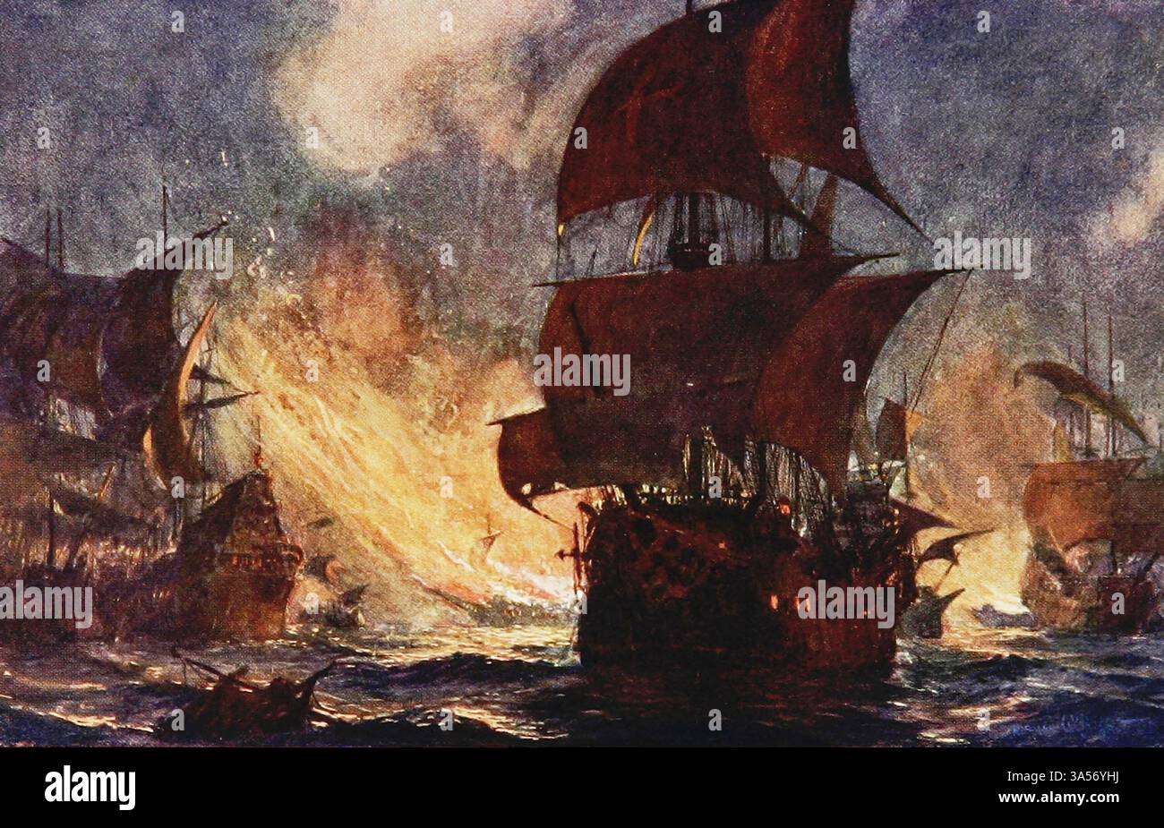 La dispersione dell'Armada nelle strade di Calais da parte delle navi dei vigili del fuoco. 1588 dalla Royal Navy pubblicato nel 1907 dipinto da Norman L. Wilkinson Norman Wilkinson CBE RI era un artista britannico che di solito lavorava in oli, acquerelli e punto di arido. Era principalmente un pittore marino, ma anche un illustratore, artista di poster e camoufleur in tempo di guerra. Wilkinson inventò la pittura abbagliante per proteggere le navi mercantili durante la prima guerra mondiale. Foto Stock