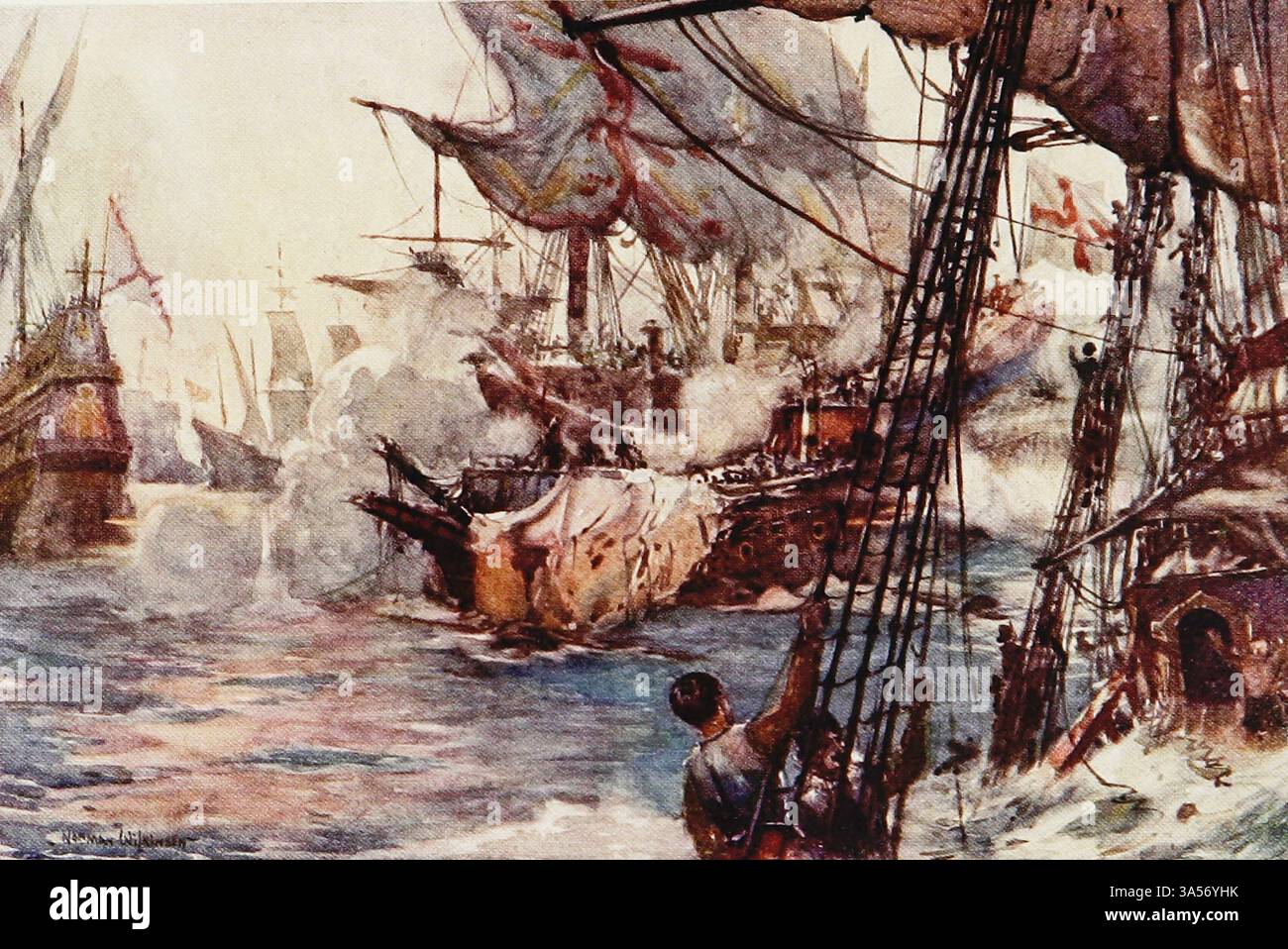 L'ultimo combattimento della vendetta. 1591 dalla Royal Navy pubblicato nel 1907 Revenge era un galeone inglese costruito in gara con 46 cannoni, costruito nel 1577 e catturato dagli spagnoli nel 1591, affondando poco dopo. Dipinto da Norman L. Wilkinson Norman Wilkinson CBE RI era un artista britannico che di solito lavorava in oli, acquerelli e punto di arido. Era principalmente un pittore marino, ma anche un illustratore, artista di poster e camoufleur in tempo di guerra. Wilkinson inventò la pittura abbagliante per proteggere le navi mercantili durante la prima guerra mondiale. Foto Stock L'ultimo combattimento della vendetta. 1591 dalla Royal Navy pubblicato nel 1907 Revenge era un galeone inglese costruito in gara con 46 cannoni, costruito nel 1577 e catturato dagli spagnoli nel 1591, affondando poco dopo. Dipinto da Norman L. Wilkinson Norman Wilkinson CBE RI era un artista britannico che di solito lavorava in oli, acquerelli e punto di arido. Era principalmente un pittore marino, ma anche un illustratore, artista di poster e camoufleur in tempo di guerra. Wilkinson inventò la pittura abbagliante per proteggere le navi mercantili durante la prima guerra mondiale. Foto Stock