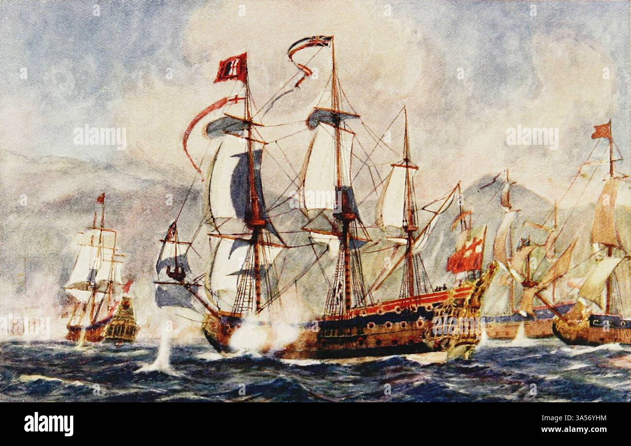 Azione di Blake alla sta. Cruz. 1657 dalla Royal Navy pubblicato nel 1907 dipinto da Norman L. Wilkinson Norman Wilkinson CBE RI era un artista britannico che di solito lavorava in oli, acquerelli e punto di arido. Era principalmente un pittore marino, ma anche un illustratore, artista di poster e camoufleur in tempo di guerra. Wilkinson inventò la pittura abbagliante per proteggere le navi mercantili durante la prima guerra mondiale. Foto Stock