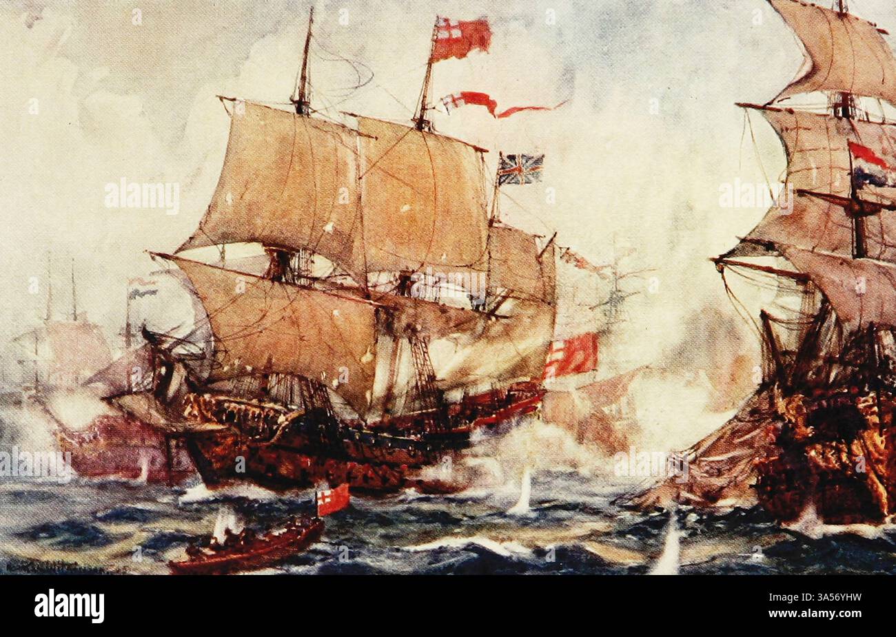La battaglia di Sole Bay. 28 maggio 1672 dalla Royal Navy pubblicato nel 1907 dipinto da Norman L. Wilkinson Norman Wilkinson CBE RI era un artista britannico che di solito lavorava in oli, acquerelli e punto di arido. Era principalmente un pittore marino, ma anche un illustratore, artista di poster e camoufleur in tempo di guerra. Wilkinson inventò la pittura abbagliante per proteggere le navi mercantili durante la prima guerra mondiale. Foto Stock