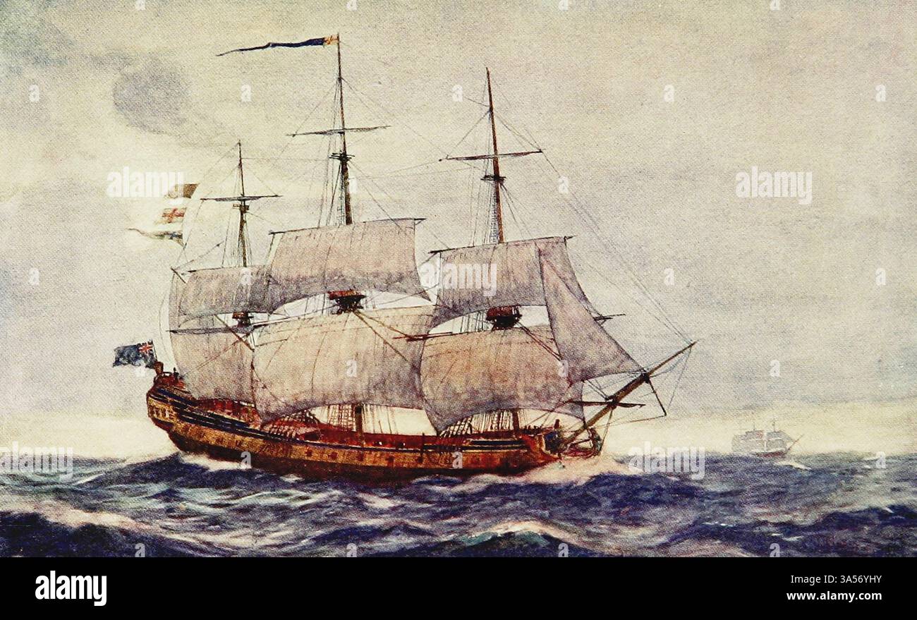 An Early Type of Frigate, H.M.S. Juno. 1750 dalla Royal Navy pubblicato nel 1907 dipinto da Norman L. Wilkinson Norman Wilkinson CBE RI era un artista britannico che di solito lavorava in oli, acquerelli e punto di arido. Era principalmente un pittore marino, ma anche un illustratore, artista di poster e camoufleur in tempo di guerra. Wilkinson inventò la pittura abbagliante per proteggere le navi mercantili durante la prima guerra mondiale. Foto Stock