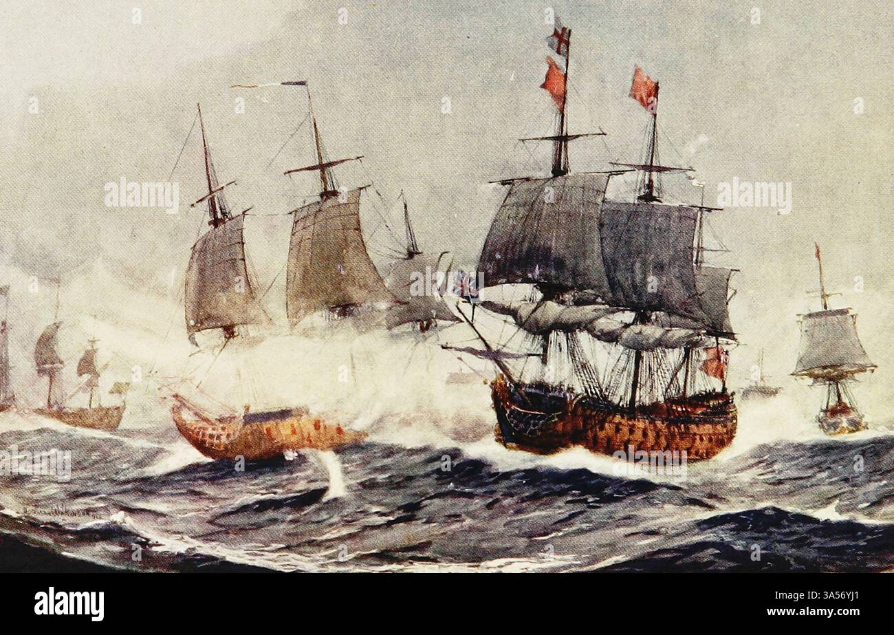 La battaglia di Quiberon Bay. 1759. Dalla Royal Navy pubblicato nel 1907 dipinto da Norman L. Wilkinson Norman Wilkinson CBE RI era un artista britannico che di solito lavorava in oli, acquerelli e punto di arido. Era principalmente un pittore marino, ma anche un illustratore, artista di poster e camoufleur in tempo di guerra. Wilkinson inventò la pittura abbagliante per proteggere le navi mercantili durante la prima guerra mondiale. Foto Stock