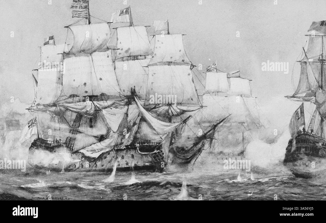 Azione di Lord Howe con i francesi al largo di Ushant il 1 giugno 1794 dalla Royal Navy pubblicato nel 1907 dipinto da Norman L. Wilkinson Norman Wilkinson CBE RI era un artista britannico che di solito lavorava in oli, acquerelli e punto di arido. Era principalmente un pittore marino, ma anche un illustratore, artista di poster e camoufleur in tempo di guerra. Wilkinson inventò la pittura abbagliante per proteggere le navi mercantili durante la prima guerra mondiale. Foto Stock