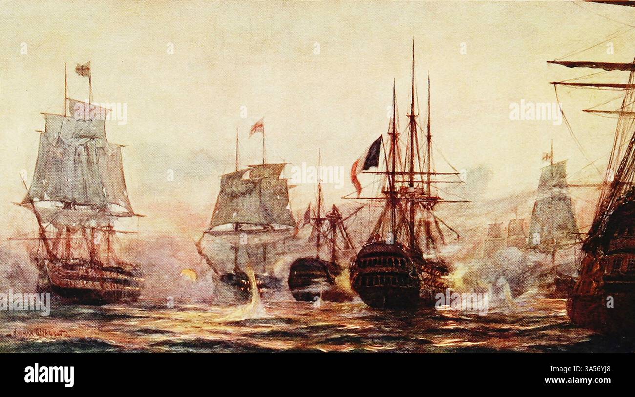 Battaglia del Nilo. 1 agosto 1798 dalla Royal Navy pubblicato nel 1907 dipinto da Norman L. Wilkinson Norman Wilkinson CBE RI era un artista britannico che lavorava solitamente in oli, acquerelli e punto di arido. Era principalmente un pittore marino, ma anche un illustratore, artista di poster e camoufleur in tempo di guerra. Wilkinson inventò la pittura abbagliante per proteggere le navi mercantili durante la prima guerra mondiale. Foto Stock