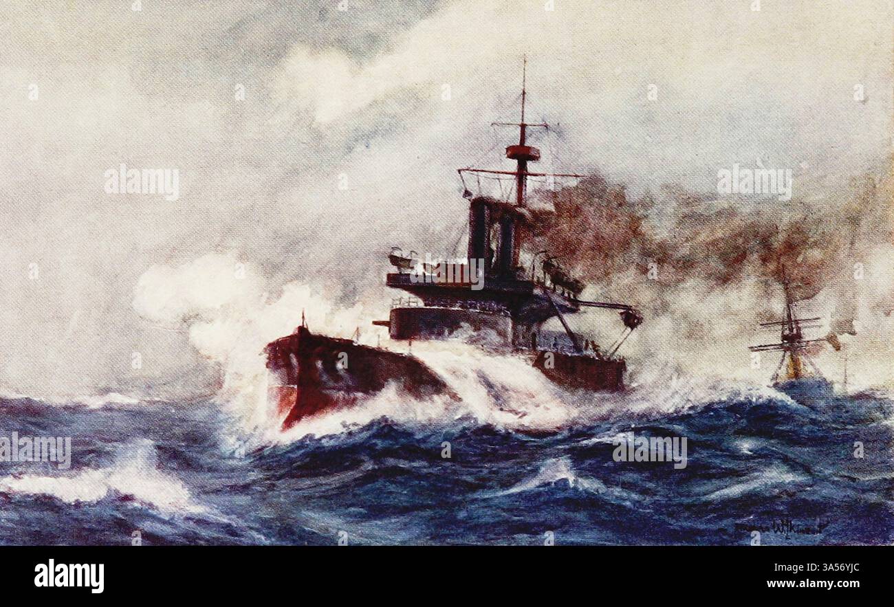 Un primo tipo di nave a torretta marittima, H.M.S. Thunderer. 1877 dalla Royal Navy pubblicato nel 1907 dipinto da Norman L. Wilkinson Norman Wilkinson CBE RI era un artista britannico che di solito lavorava in oli, acquerelli e punto di arido. Era principalmente un pittore marino, ma anche un illustratore, artista di poster e camoufleur in tempo di guerra. Wilkinson inventò la pittura abbagliante per proteggere le navi mercantili durante la prima guerra mondiale. Foto Stock