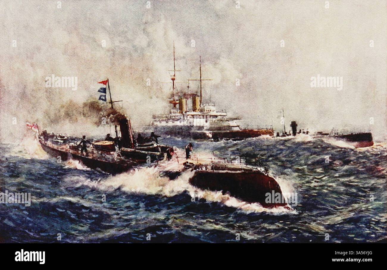 H.R.H. Prince of Wales First Command, Torpedo Boat 79. 1889 dalla Royal Navy pubblicato nel 1907 dipinto da Norman L. Wilkinson Norman Wilkinson CBE RI era un artista britannico che di solito lavorava in oli, acquerelli e punto di arido. Era principalmente un pittore marino, ma anche un illustratore, artista di poster e camoufleur in tempo di guerra. Wilkinson inventò la pittura abbagliante per proteggere le navi mercantili durante la prima guerra mondiale. Foto Stock