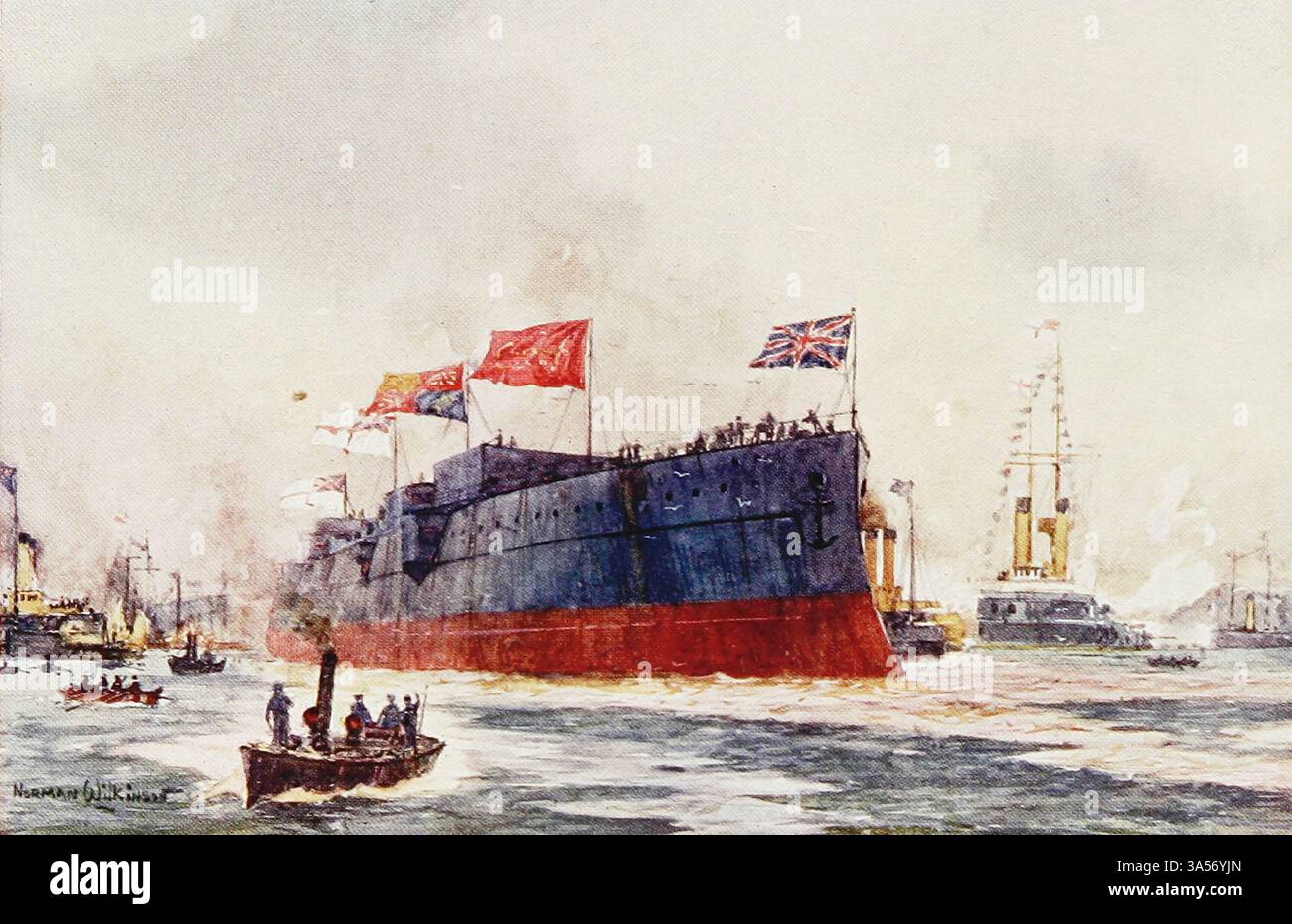 The Launch of a Battleship from the Royal Navy pubblicato nel 1907 dipinto da Norman L. Wilkinson Norman Wilkinson CBE RI era un artista britannico che lavorava solitamente in oli, acquerelli e punto di arido. Era principalmente un pittore marino, ma anche un illustratore, artista di poster e camoufleur in tempo di guerra. Wilkinson inventò la pittura abbagliante per proteggere le navi mercantili durante la prima guerra mondiale. Foto Stock