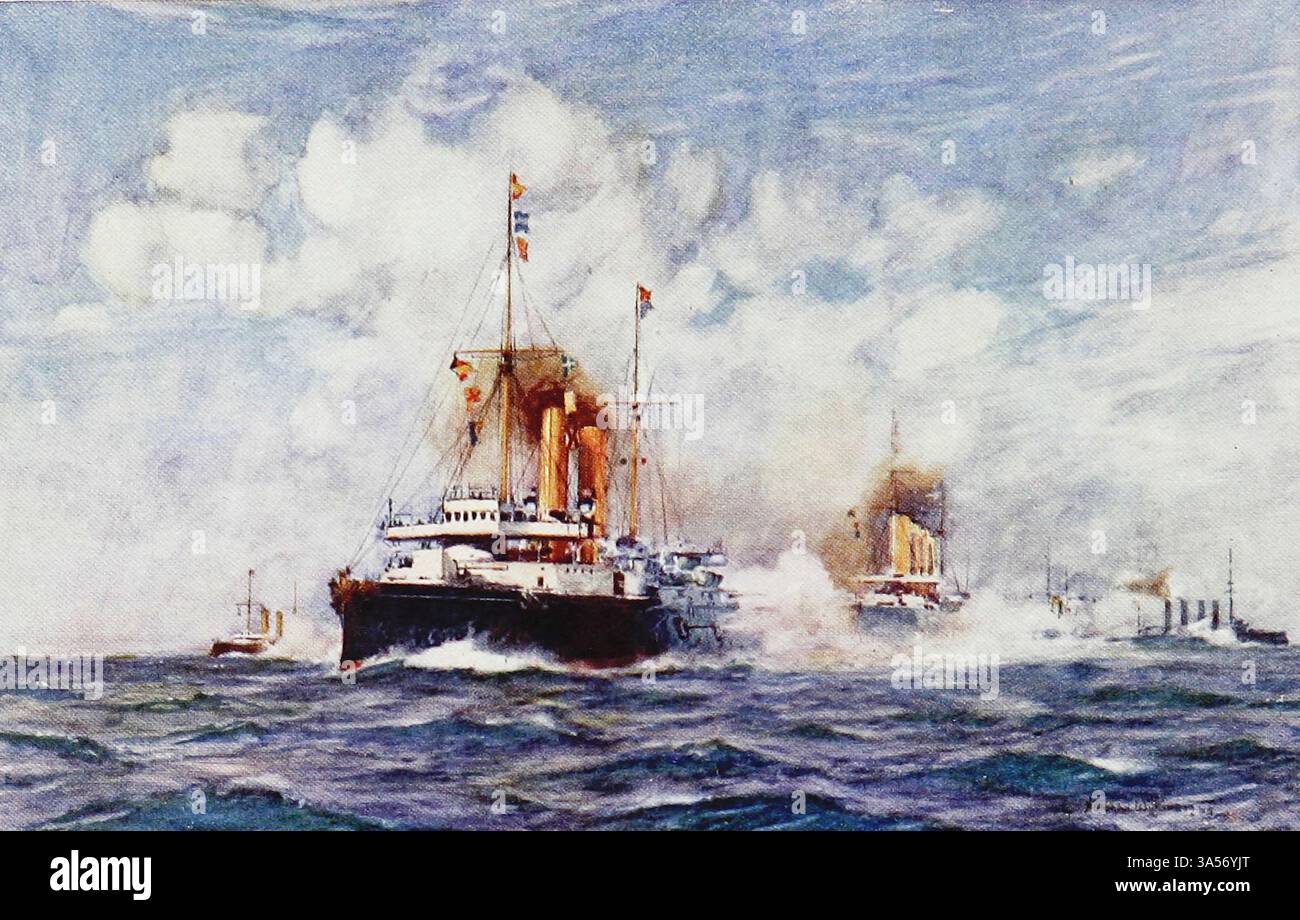 Un'azione Cruiser fuori dalle Scillie. Manovre. 1901 dalla Royal Navy pubblicato nel 1907 dipinto da Norman L. Wilkinson Norman Wilkinson CBE RI era un artista britannico che di solito lavorava in oli, acquerelli e punto di arido. Era principalmente un pittore marino, ma anche un illustratore, artista di poster e camoufleur in tempo di guerra. Wilkinson inventò la pittura abbagliante per proteggere le navi mercantili durante la prima guerra mondiale. Foto Stock