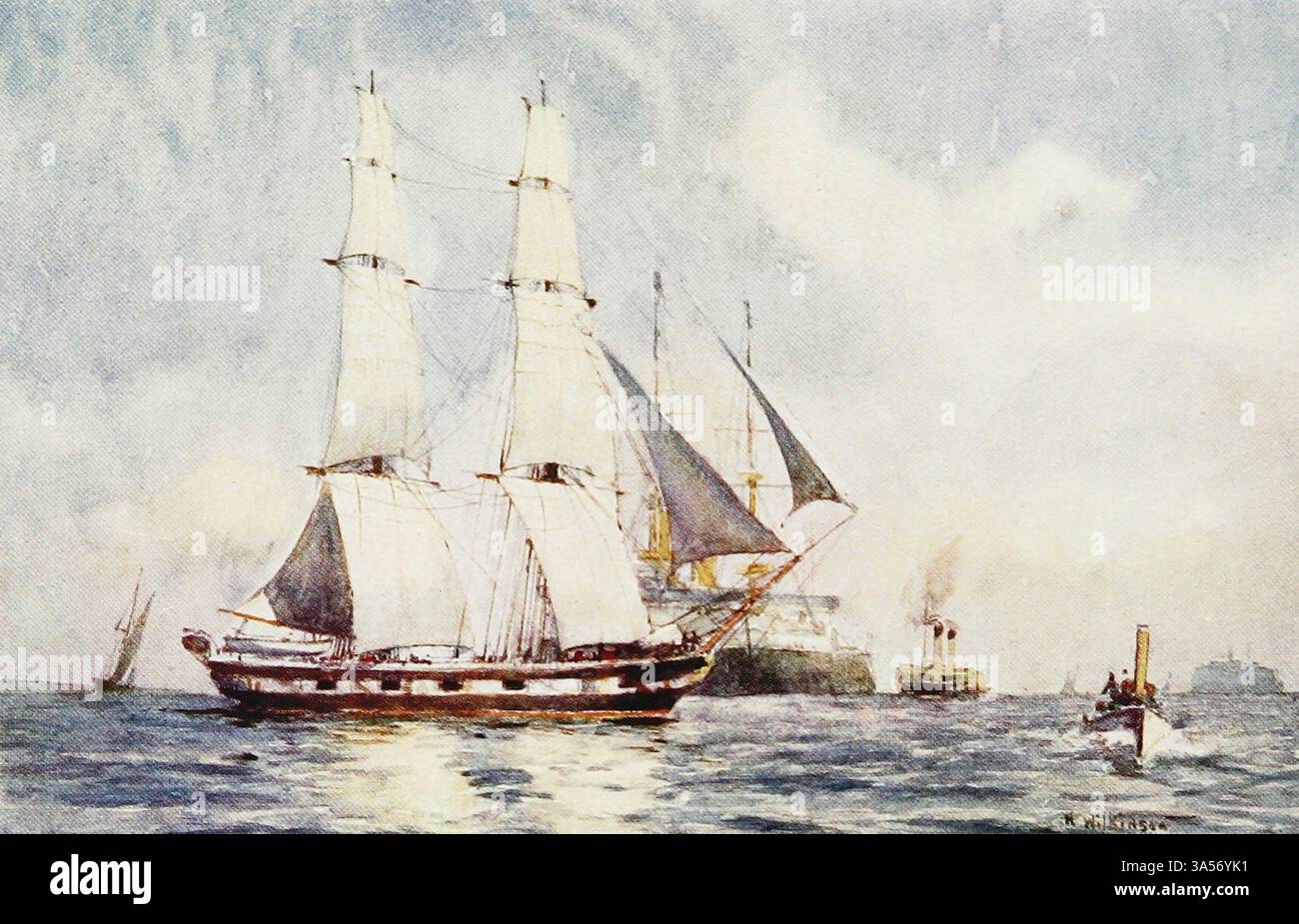 Un Brig di formazione. 1902 dalla Royal Navy pubblicato nel 1907 dipinto da Norman L. Wilkinson Norman Wilkinson CBE RI era un artista britannico che di solito lavorava in oli, acquerelli e punto di arido. Era principalmente un pittore marino, ma anche un illustratore, artista di poster e camoufleur in tempo di guerra. Wilkinson inventò la pittura abbagliante per proteggere le navi mercantili durante la prima guerra mondiale. Foto Stock