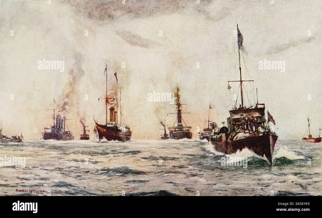 Una Royal Escort. Arrivo del re del Portogallo dalla Royal Navy pubblicato nel 1907 dipinto da Norman L. Wilkinson Norman Wilkinson CBE RI era un artista britannico che di solito lavorava in oli, acquerelli e punto di arido. Era principalmente un pittore marino, ma anche un illustratore, artista di poster e camoufleur in tempo di guerra. Wilkinson inventò la pittura abbagliante per proteggere le navi mercantili durante la prima guerra mondiale. Foto Stock
